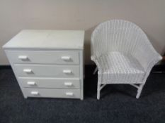 A painted 20th century four drawer chest and a wicker armchair