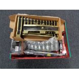 A crate of cordless screw driver, screw plugs, Amtech marking gauges,