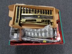 A crate of cordless screw driver, screw plugs, Amtech marking gauges,