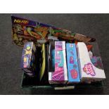 A crate of toys including Nerf gun, crystal tattoos, jewellery kit,