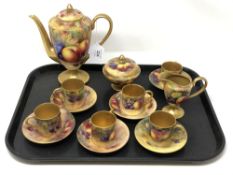 A suite of Royal Worcester hand painted gilt coffee china decorated with fruit,