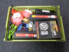 A crate of new tools, wall scrapers, torque wrench,