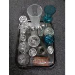 A tray of assorted glass, sugar sifters, ship in bottle,