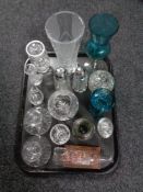 A tray of assorted glass, sugar sifters, ship in bottle,