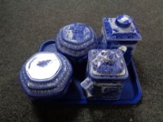 A tray of two Ringtons Maling caddies - Bridges and Castles together with a Ringtons Willow pattern