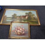 A large gilt framed oil on canvas of a cottage by a river, gilt framed still life signed C.