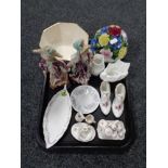 A tray of china, Masons bowl, miniature tea services, Paragon shoes,