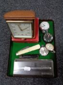 A boxed Smiths 15 jewel eight day alarm clock together with assorted pocket watches, compass,