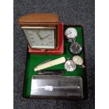 A boxed Smiths 15 jewel eight day alarm clock together with assorted pocket watches, compass,