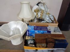 Two boxes of jewellery boxes, glass, table lamps,