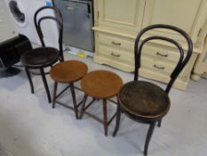A pair of Bentwood dining chairs together with a pair of pub style stools