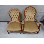 A pair of Edwardian dralon upholstered lady's and gent's armchairs