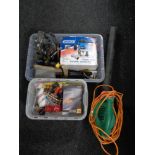 Two plastic crates of Draper router, hand tools,