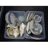 Two boxes of assorted collector's plates, dinner plates, Deco lady figure,