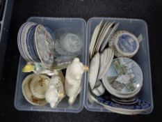 Two boxes of assorted collector's plates, dinner plates, Deco lady figure,