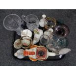 A tray of glass vases, drinking glasses, Coalport vase,