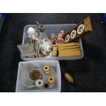 Two plastic crates of miscellaneous, claret jug, framed Staffordshire plaques, figurines,