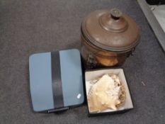 A copper lidded coal bucket with liner together with a vintage typewriter and box of shells