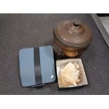 A copper lidded coal bucket with liner together with a vintage typewriter and box of shells