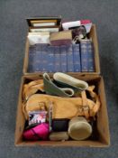 Two boxes of books, childrens enyclopedia, leather holdall,