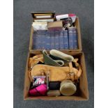 Two boxes of books, childrens enyclopedia, leather holdall,