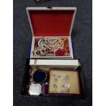 A tray of jewellery box, costume jewellery, beaded necklaces, lotus pearls,