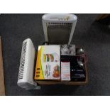 Two electric heaters together with a box of Panasonic digital camera, Swan steam iron, lamps,