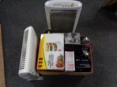 Two electric heaters together with a box of Panasonic digital camera, Swan steam iron, lamps,