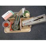 A tray of Oriental items including rice bowls in wooden boxes, fans,
