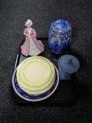 A tray of Wedgwood jasper ware lidded urn, Ringtons Coalport figure - Emily 19/5000,