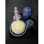 A tray of Wedgwood jasper ware lidded urn, Ringtons Coalport figure - Emily 19/5000,