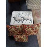 A contemporary footstool upholstered in sheep patterned print together with three tapestry style