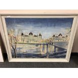 Continental School : Building by a river, oil on canvas, signed.