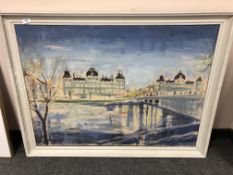 Continental School : Building by a river, oil on canvas, signed.