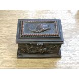 A miniature continental bronze ring casket, the panelled sides decorated with animals and birds,