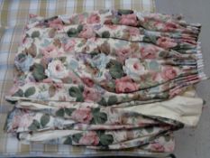 Three pairs of floral fully lined curtains with pelmets and tie backs