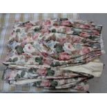 Three pairs of floral fully lined curtains with pelmets and tie backs