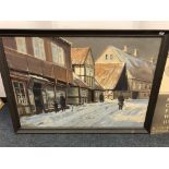 Continental School : Winter street, oil on canvas, framed.