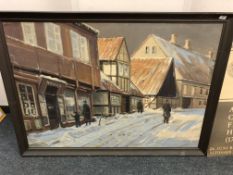 Continental School : Winter street, oil on canvas, framed.