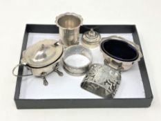 A group of miscellaneous silver comprising pair of condiments with glass liners, two napkin rings,