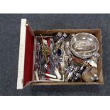 A box of canteen of stainless cutlery, flatware, plated cruet sets,