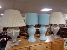 Two pairs of pottery table lamps with shades