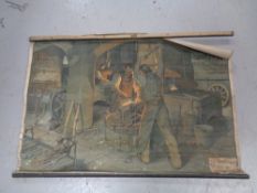 A mid century pull down Russian education poster depicting blacksmiths