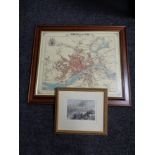 A contemporary framed map - Newcastle upon Tyne in 1858 together with a framed colour engraving -