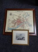 A contemporary framed map - Newcastle upon Tyne in 1858 together with a framed colour engraving -