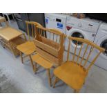 A set of three Danish Farstrup spindle back kitchen chairs together with stripped pine magazine