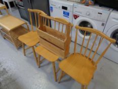 A set of three Danish Farstrup spindle back kitchen chairs together with stripped pine magazine