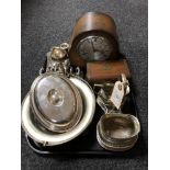 A tray of twentieth century oak cased Smiths mantel clock, wooden jewellery box,