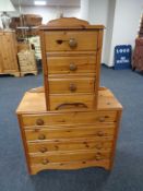 A pine four drawer chest together with a three drawer bedside chest