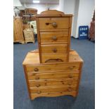 A pine four drawer chest together with a three drawer bedside chest